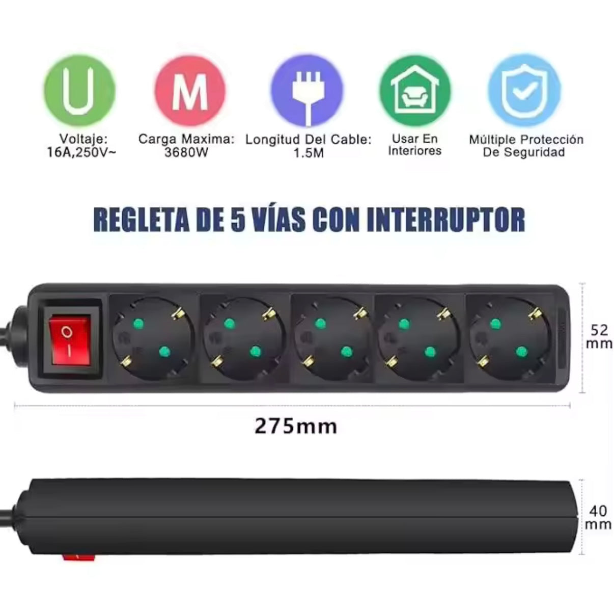 Regleta 5 Enchufes con Interruptor de Encendido 1,5 Metros Max3680W Protección Infantil Negro