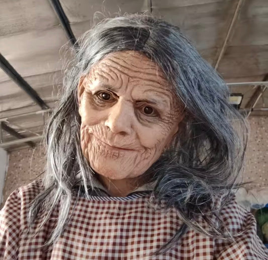 Máscara de anciana realista de látex con pelo blanco 👵 | Bruja abuela de terror para Halloween y cosplay