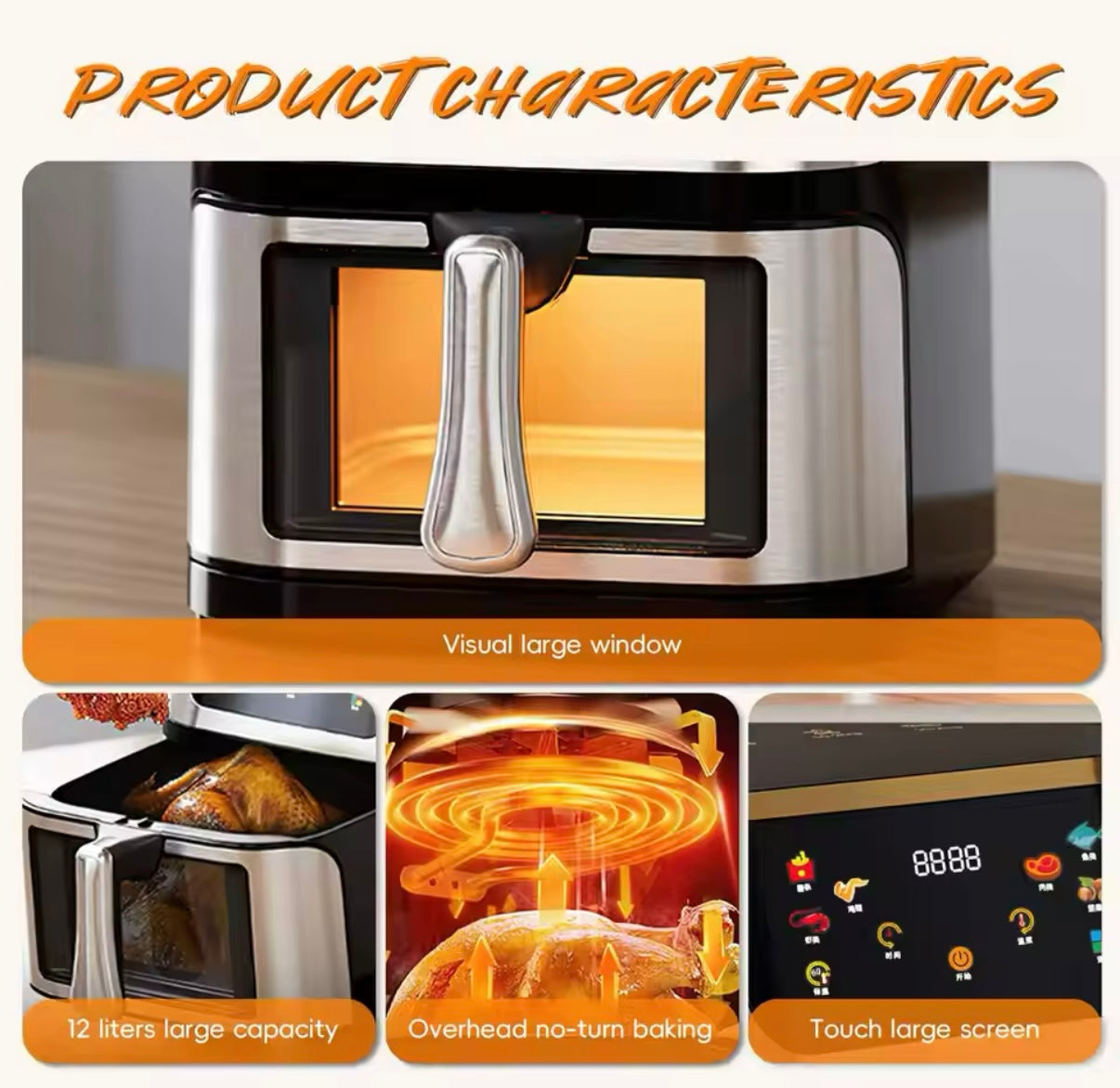Freidora de aire de 2.800W, horno eléctrico de gran capacidad visible de acero inoxidable de 10L,freidora eléctrica multifuncional con pantalla táctil.