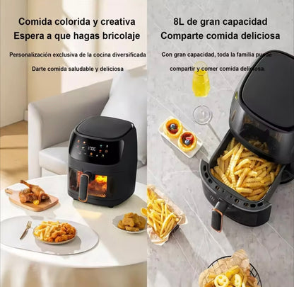 Freidora de aire inteligente con pantalla LCD, horno sin aceite para freír patatas fritas y pollo a la parrilla, gran capacidad, 2400W, 8L