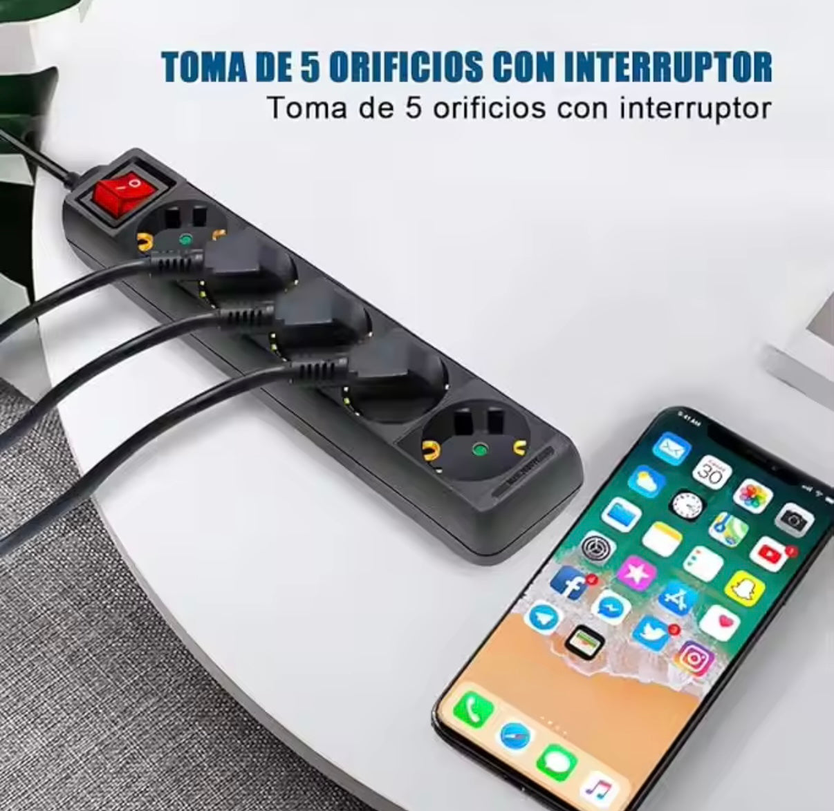 Regleta 5 Enchufes con Interruptor de Encendido  1,5 Metros  Max3680W  Protección Infantil  Negro