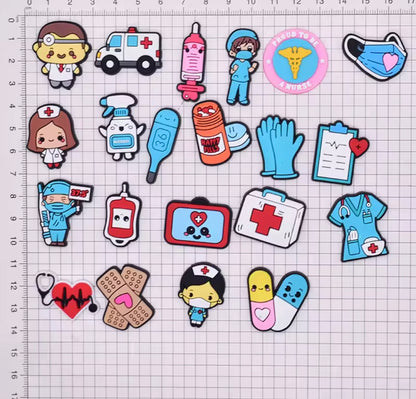 22 Accesorios colgantes para zapatos de PVC con dibujos de Doctor y enfermera, zapatillas DIY, sandalias, hebillas para zapatos, alfileres, serie hospitalaria, decoración de zapatos, regalos para amigos