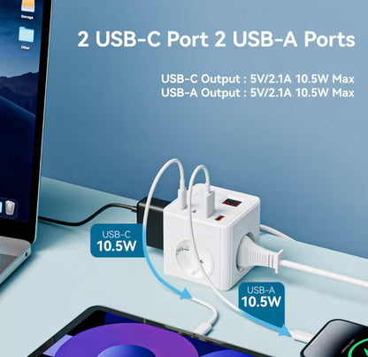 Regleta Cubo 7 en 1 con USB y Type-C | Enchufe Múltiple Compacto