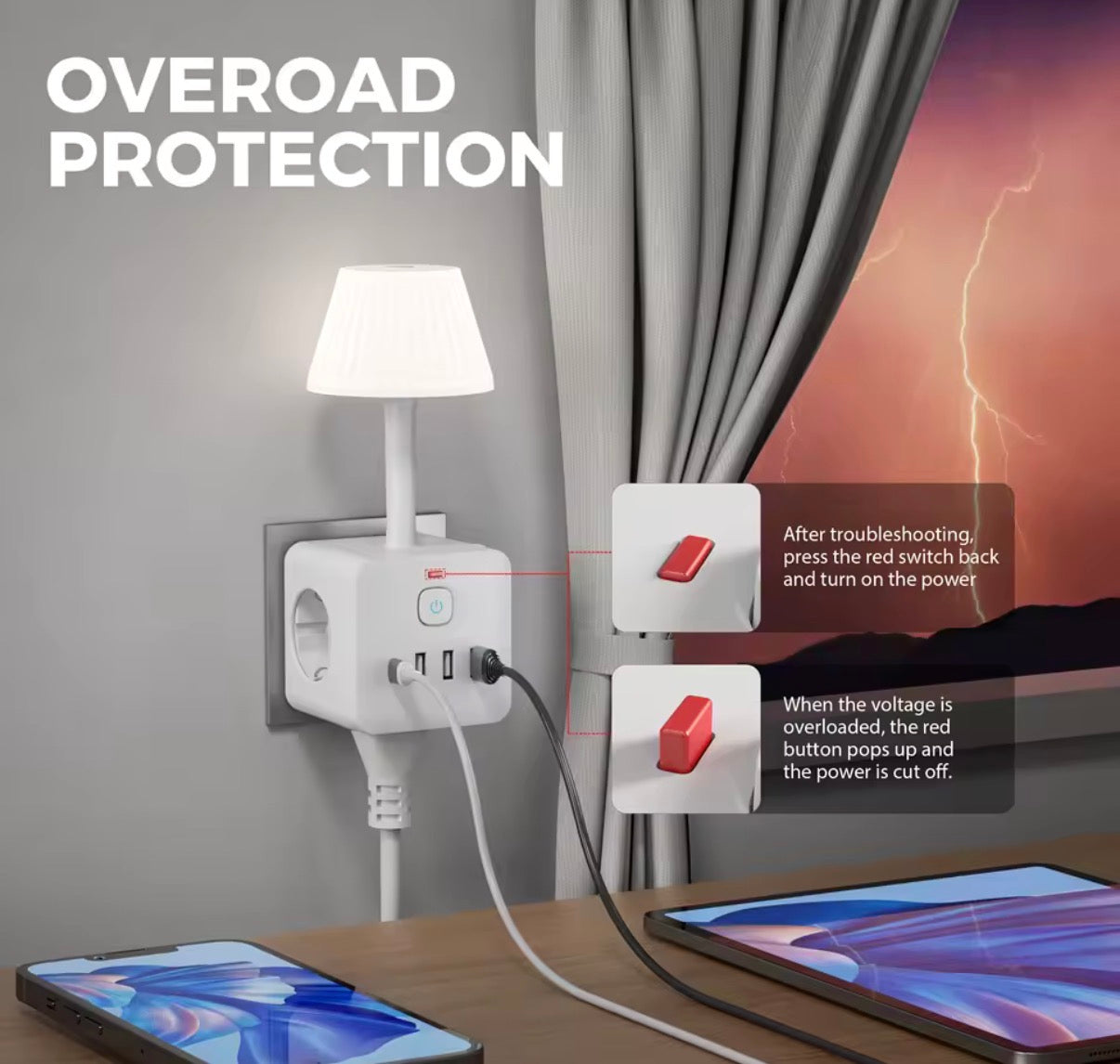 Lámpara de Escritorio con 3 Enchufes y USB-C | Luz Regulable y Protección Sobrecarga