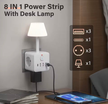 Lámpara de Escritorio con 3 Enchufes y USB-C | Luz Regulable y Protección Sobrecarga