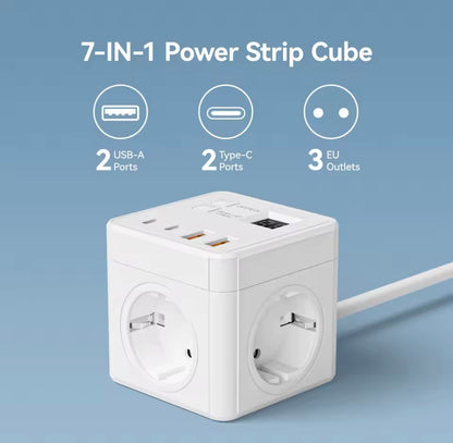 Regleta Cubo 7 en 1 con USB y Type-C | Enchufe Múltiple Compacto