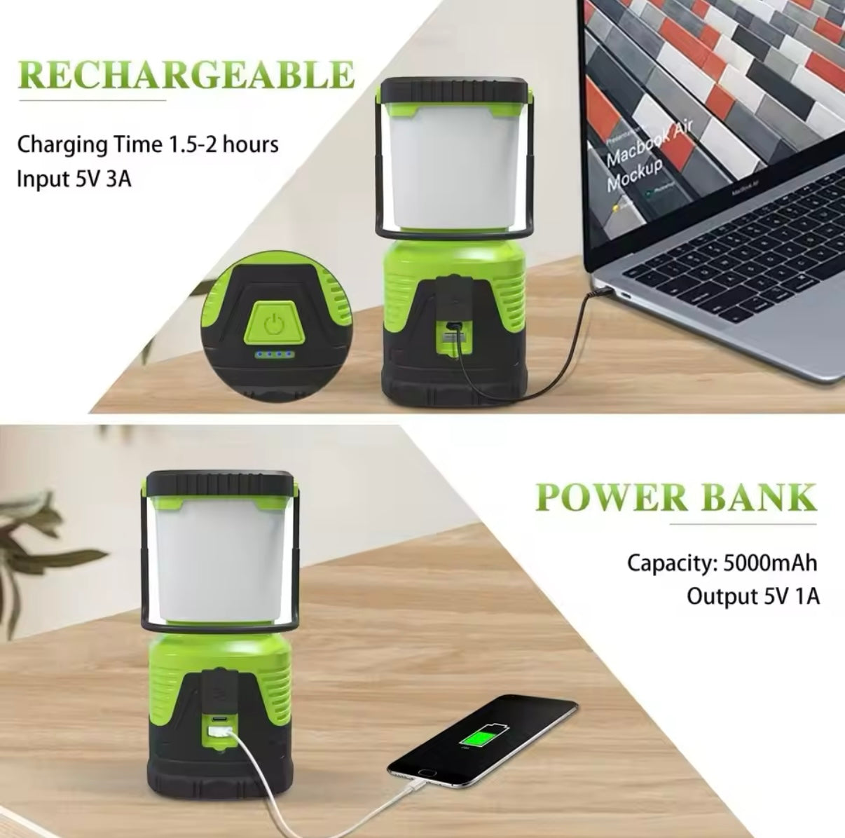Lámpara Camping IP54 con batería 5000mAh para cargar el movil, Linterna de Camping Led Recargable Luces de Campamento 1000LM, Linterna para Interrupciones de Energía, Emergencia,  Cable USB Incluido