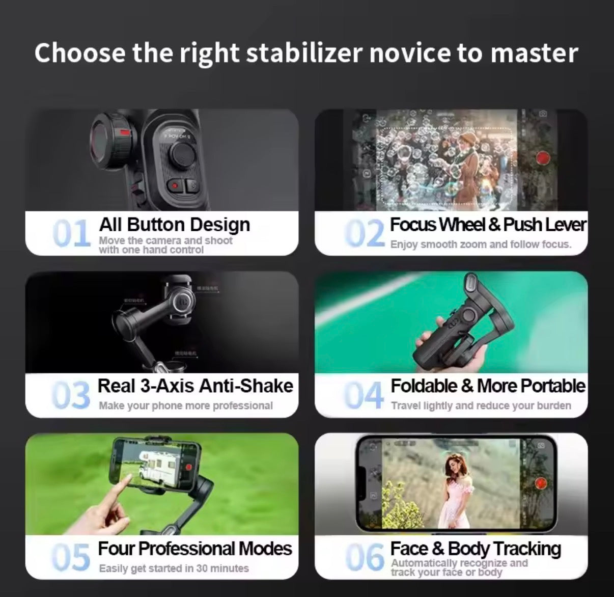 Estabilizador portátil 3-ejes con seguimiento facial AI – ideal para TikTok, vlogs