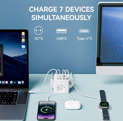 Regleta Cubo 7 en 1 con USB y Type-C | Enchufe Múltiple Compacto