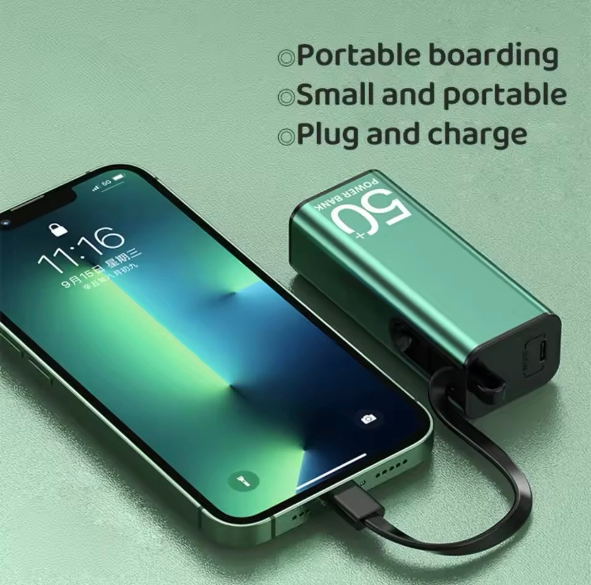Batería portátil con linterna,5000mAh, cable tipo C