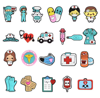 22 Accesorios colgantes para zapatos de PVC con dibujos de Doctor y enfermera, zapatillas DIY, sandalias, hebillas para zapatos, alfileres, serie hospitalaria, decoración de zapatos, regalos para amigos