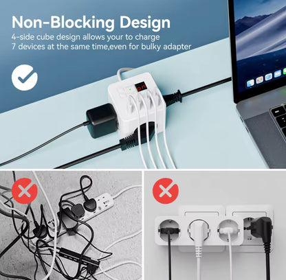 Regleta Cubo 7 en 1 con USB y Type-C | Enchufe Múltiple Compacto