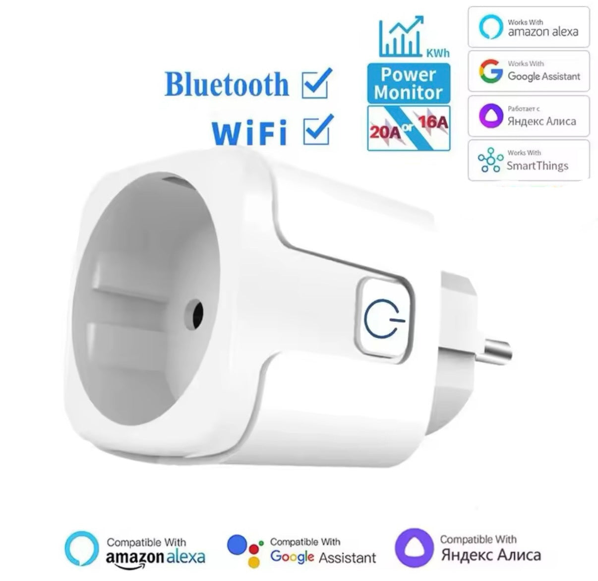 Enchufe inteligente Tuya EU16A/20A, enchufe inteligente Wifi con monitoreo de energía, aplicación remota Smart Life, Control compatible con asistente de Google Alexa