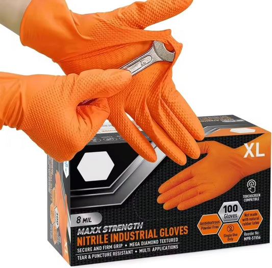 50 ud-Guantes de nitrilo naranja de alta resistencia, guantes desechables industriales de 8 mil con agarre con textura de diamante para seguridad mecánica y guantes de trabajo