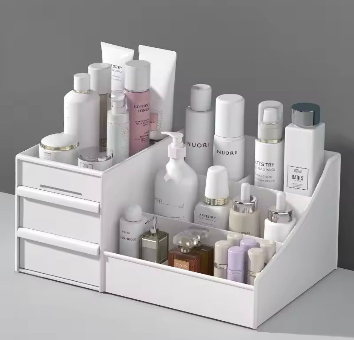 Caja de almacenamiento de maquillaje con cajones para dormitorio, estantería de plástico para cosméticos, tocador para el cuidado de la piel.