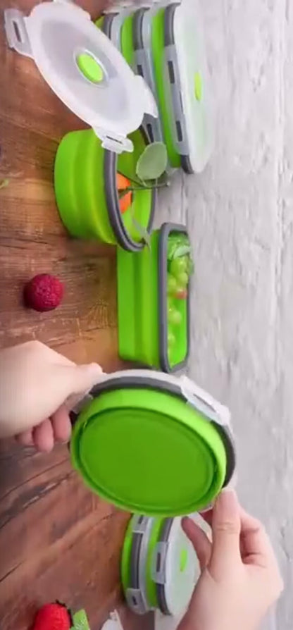 Fiambrera plegable de silicona para ahorro de espacio.